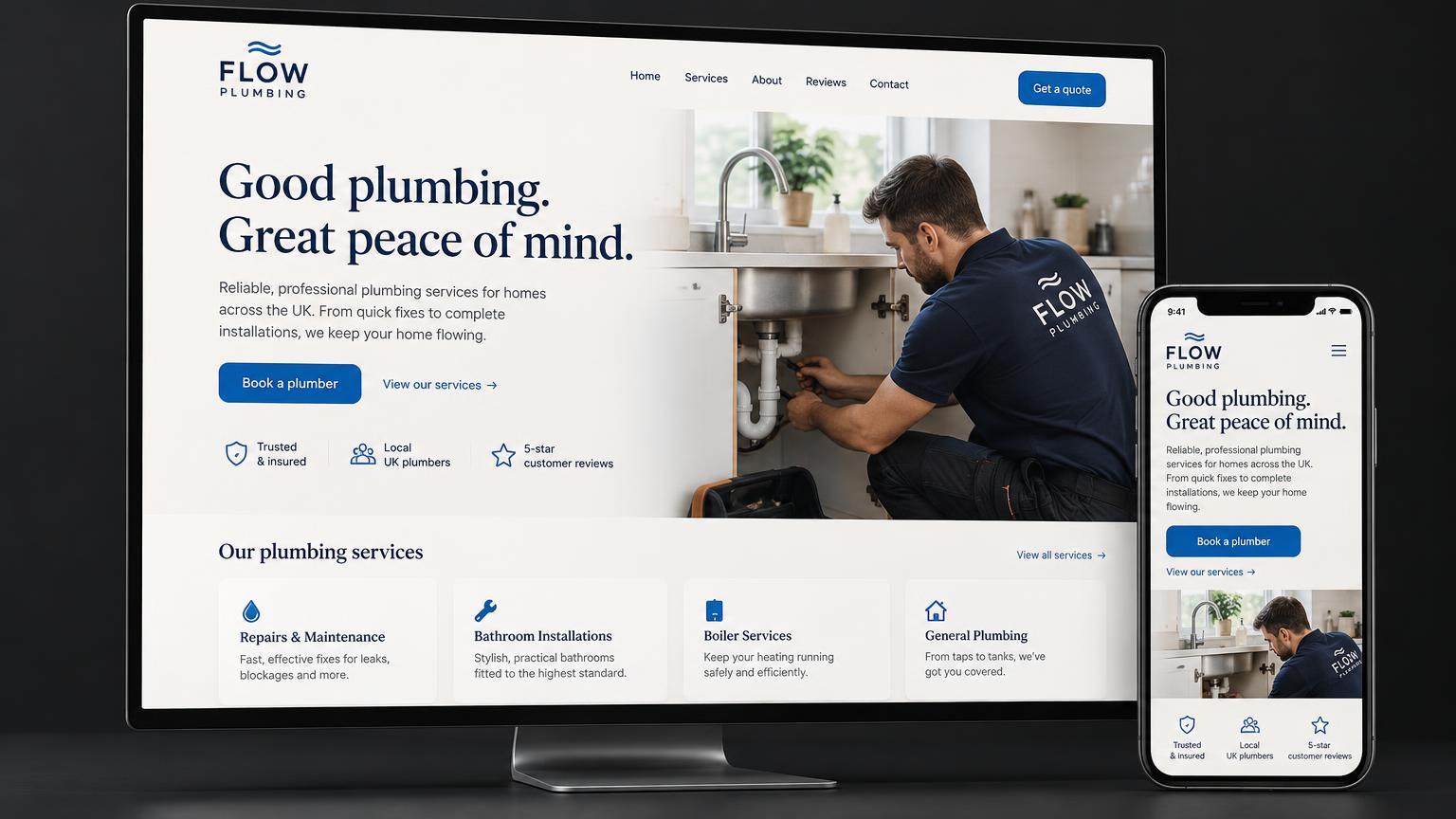 Flow Plumbing concept website displayed on a desktop monitor and smartphone